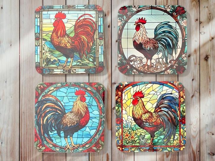 Haan Glas in Lood onderzetters met houder, Huis en Inrichting, Woonaccessoires | Onderzetters, Nieuw, Glas of Kopje, Ophalen of Verzenden