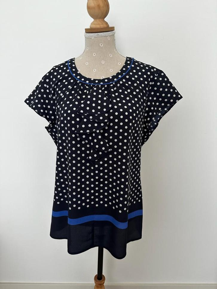 Blauw-wit blouse polka dot met ruches, korte mouw, Kleding | Dames, Tops, Zo goed als nieuw, Maat 38/40 (M), Blauw, Korte mouw