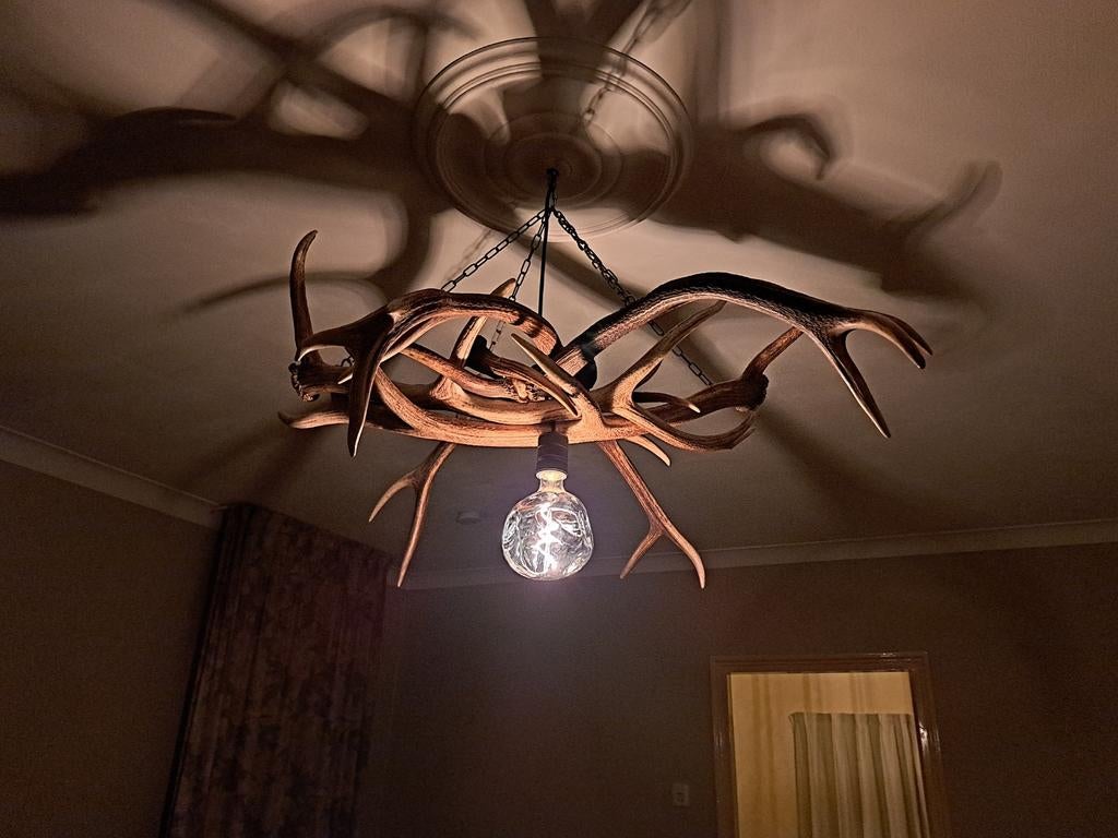 Robuuste kroonluchter van echte geweistangen, Huis en Inrichting, Lampen | Kroonluchters, Zo goed als nieuw, Ophalen