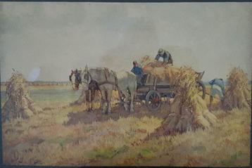 Willem Noordijk(1887)Aquarel " Paard en wagen Hooi " Ges Ged beschikbaar voor biedingen