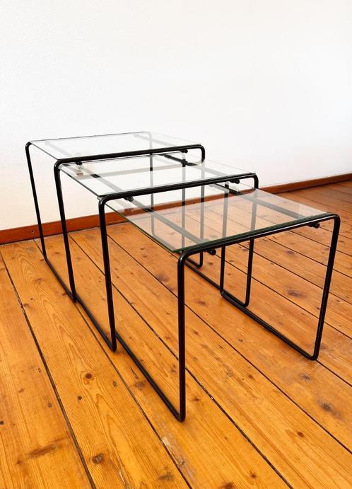 Vintage jaren 80 postmodern mimiset glas en metaal, Huis en Inrichting, Tafels | Salontafels, Minder dan 50 cm, 50 tot 100 cm