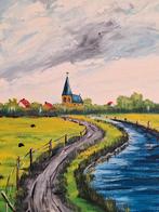 Schilderij J. Veenstra '88 - Landschap met Kerk, Antiek en Kunst, Kunst | Schilderijen | Klassiek, Ophalen of Verzenden