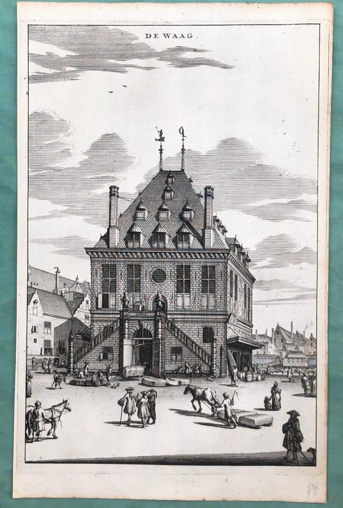 18e eeuw Amsterdam kopergravure van de Waag, Antiek en Kunst, Kunst | Etsen en Gravures, Ophalen of Verzenden