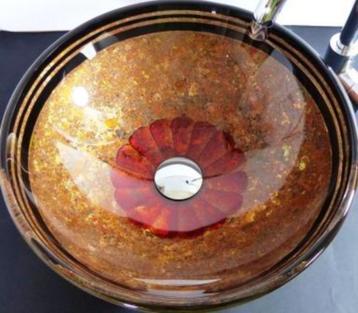 Glazen opzetwastafel goudkleurig met  Rode Rozen zwarte rand