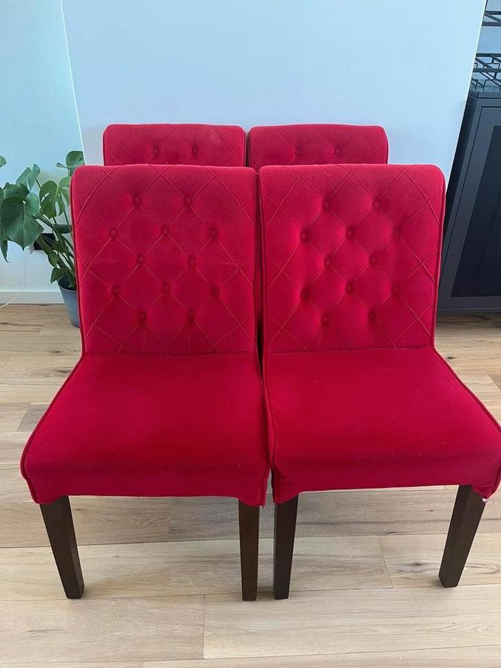 Set van 4 Rode Velours Eetkamerstoelen, Antiek en Kunst, Antiek | Meubels | Stoelen en Banken, Ophalen