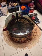 Unieke Tafel met Karrewiel & Glazen Blad, Huis en Inrichting, Tafels | Salontafels, Gebruikt, Minder dan 50 cm, Rechthoekig, 50 tot 100 cm