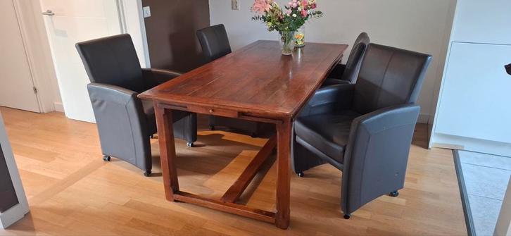 Eettafel 190x80 + 4 stoelen met wieltjes, Huis en Inrichting, Tafels | Eettafels, Gebruikt, 50 tot 100 cm, 150 tot 200 cm, Vier personen