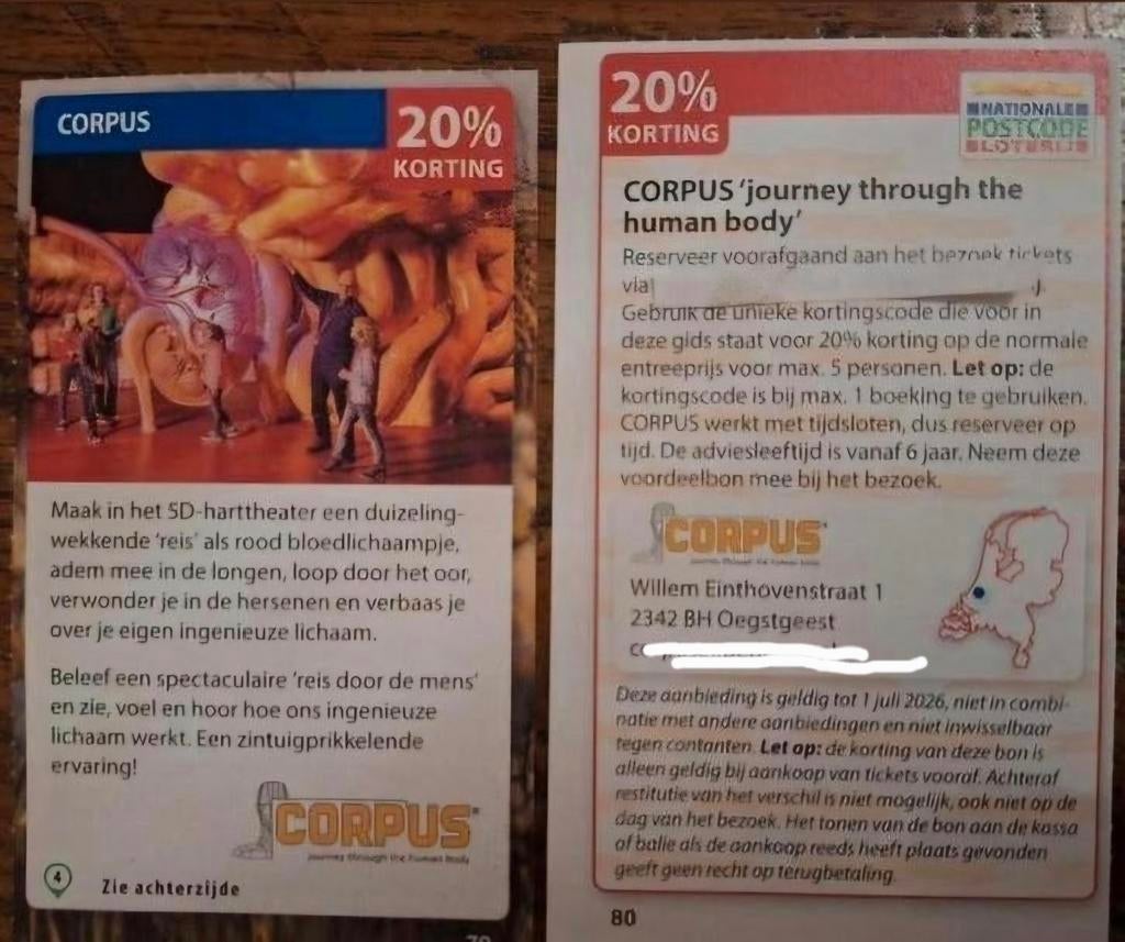 Corpus 20% korting, Tickets en Kaartjes, Drie personen of meer, Kortingsbon