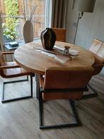 Eethoek met mangohouten tafel en 4 cognackleurige stoelen, Ophalen of Verzenden