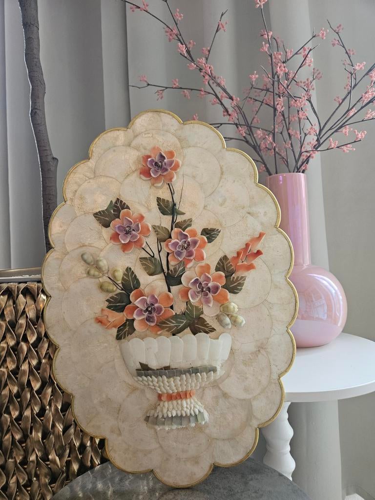 Vintage Capiz Schelpen Schilderij Bloemen Boeket Handwerk, Ophalen of Verzenden