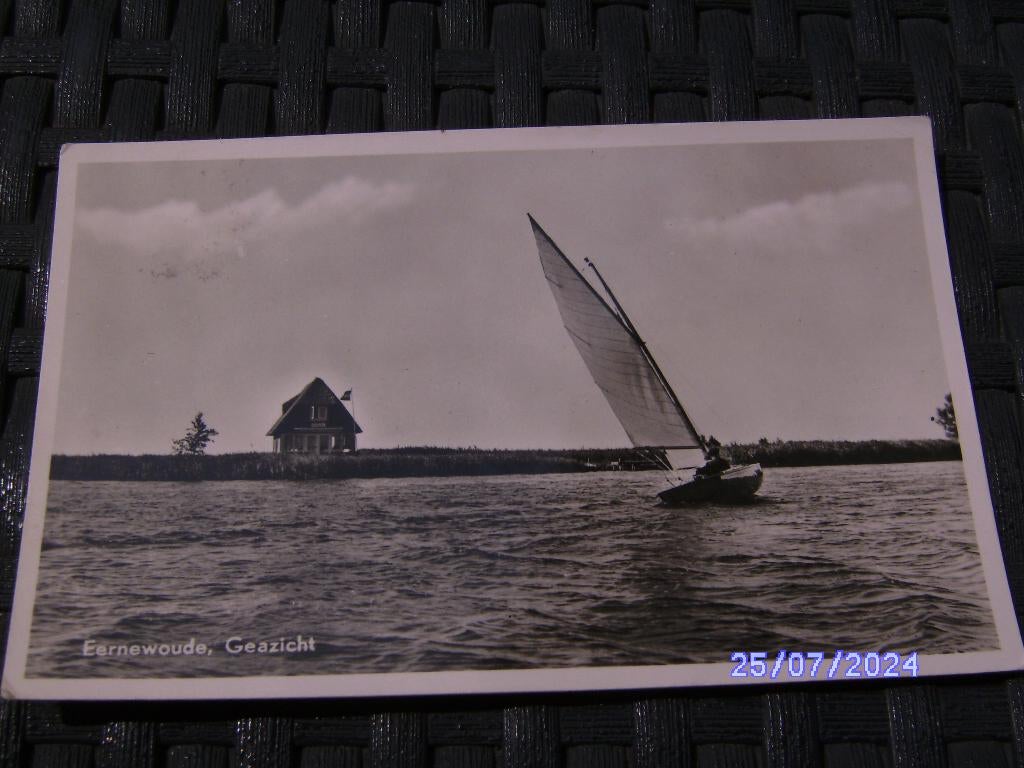 Eernewoude Geazicht zeilboot huisje op dijk 1953 gelopen oud, Ophalen of Verzenden, 1940 tot 1960, Gelopen, Friesland