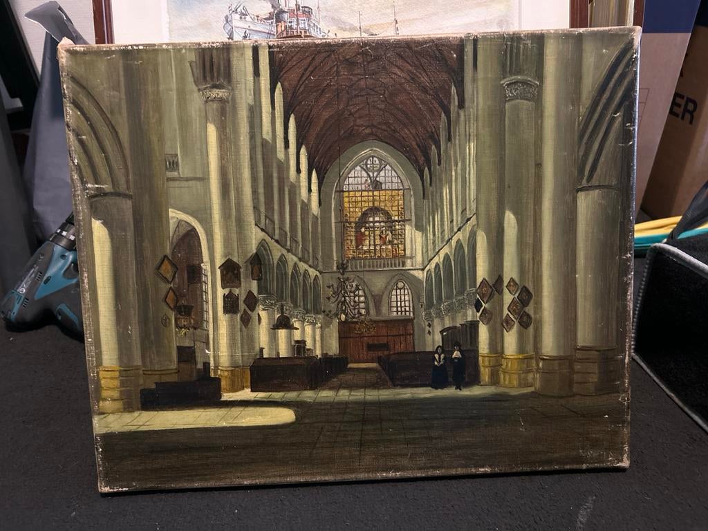 Schilderij kerkinterieur, Antiek en Kunst, Kunst | Schilderijen | Klassiek, Ophalen of Verzenden
