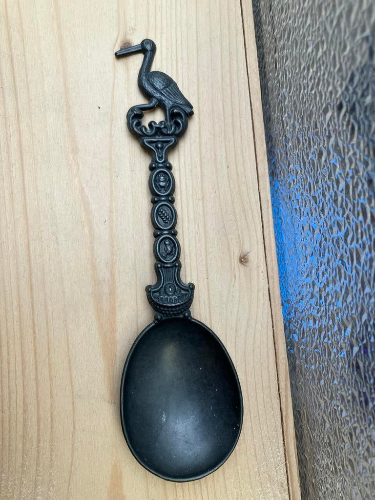 Decoratieve tinnen lepel met ooievaar, Antiek en Kunst, Ophalen of Verzenden