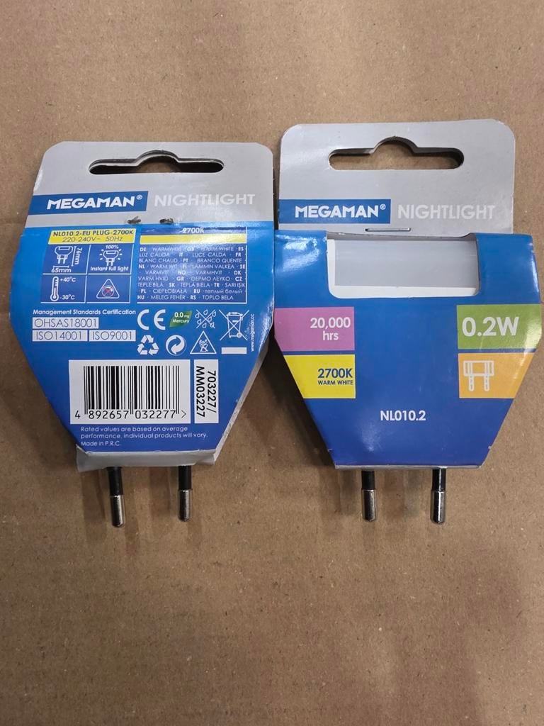 2 Megaman Nightlight LED Nachtlampjes - 0.2W, Warm Wit, Led-lamp, Minder dan 30 watt, Onbekend, Nieuw