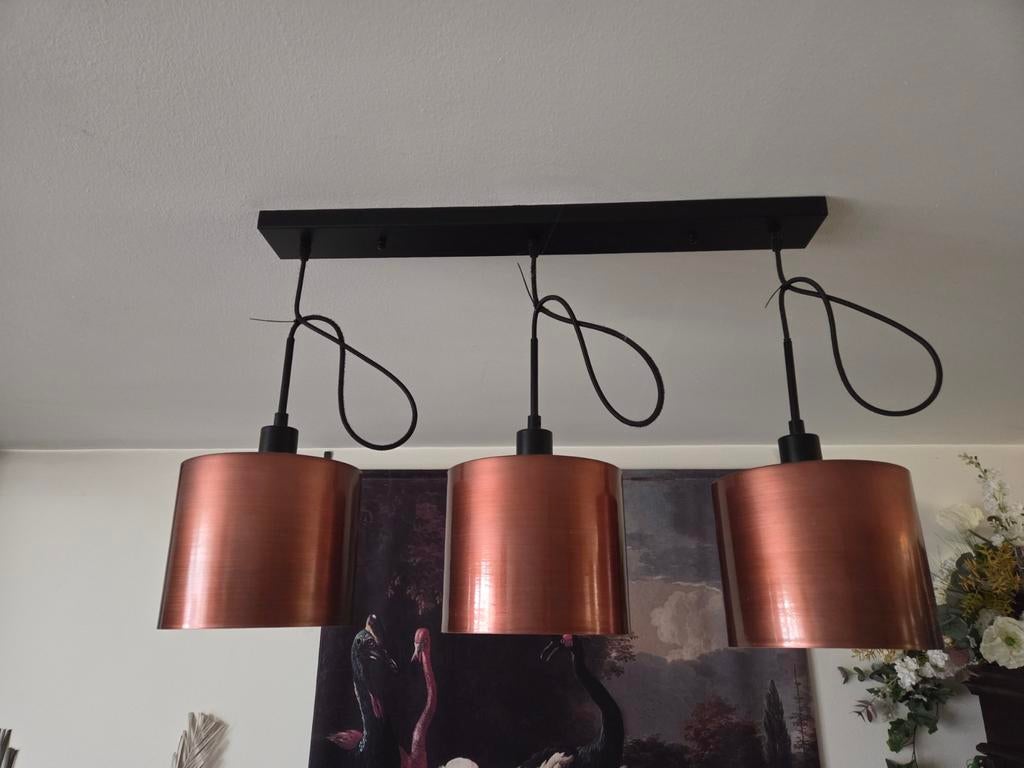 Hanglamp met 3 koperkleurige kappen Gamma, Ophalen, Zo goed als nieuw, Metaal, Modern