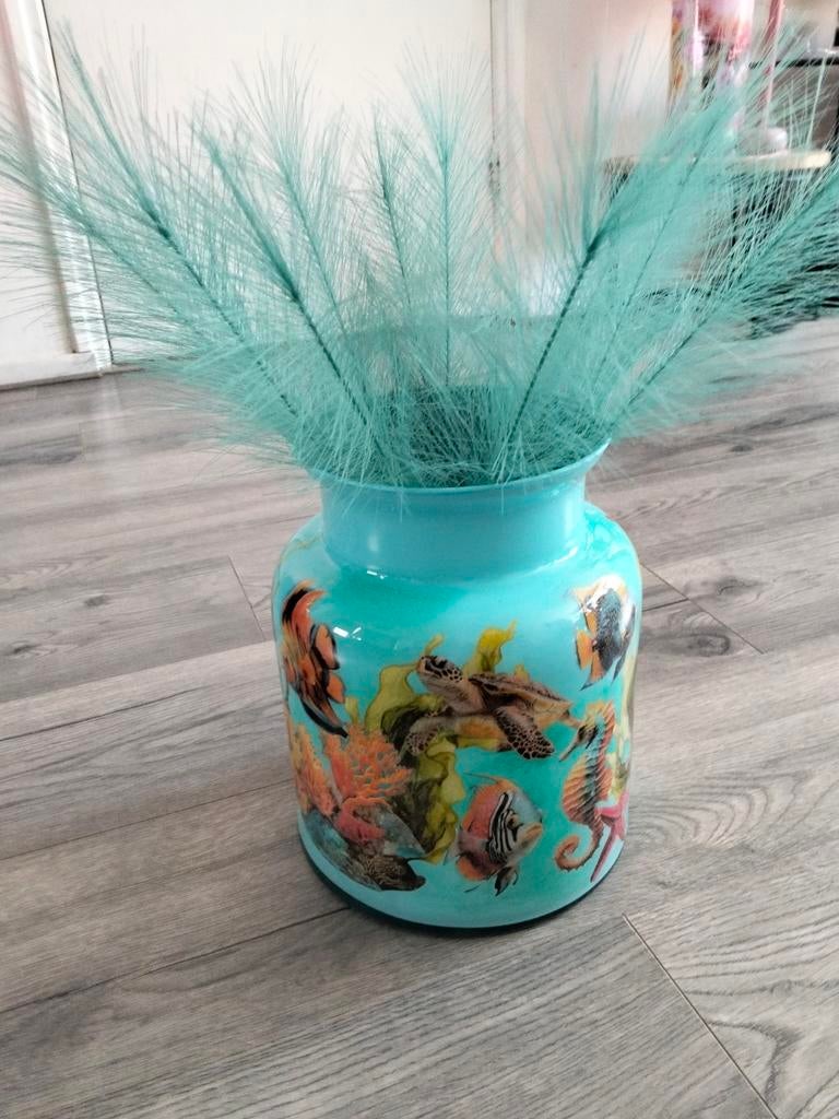 Hand gemaakte siervaas met pluimen, Huis en Inrichting, Woonaccessoires | Vazen, Ophalen, Overige kleuren, Glas, Minder dan 50 cm