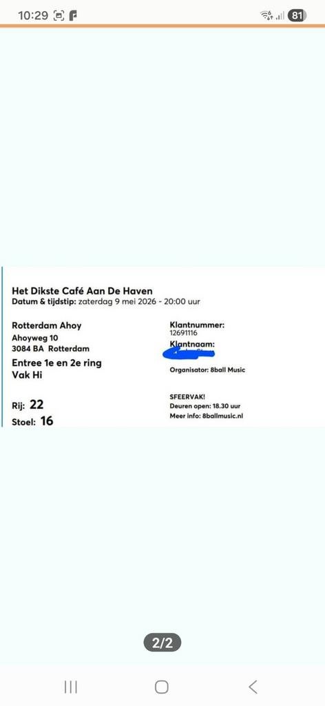 2 zitplaatsen Dikste café aan de haven. Ahoy 9 mei, Twee personen, Mei, Levenslied