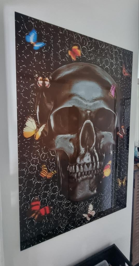 Glas schilderij skull met vlinders, Ophalen