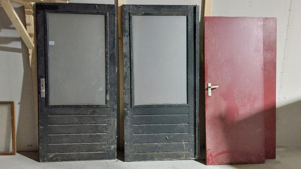Zware hardhouten deuren met dubbel glas 205x225 hoog, Ophalen, Gebruikt, Buitendeur, Glas