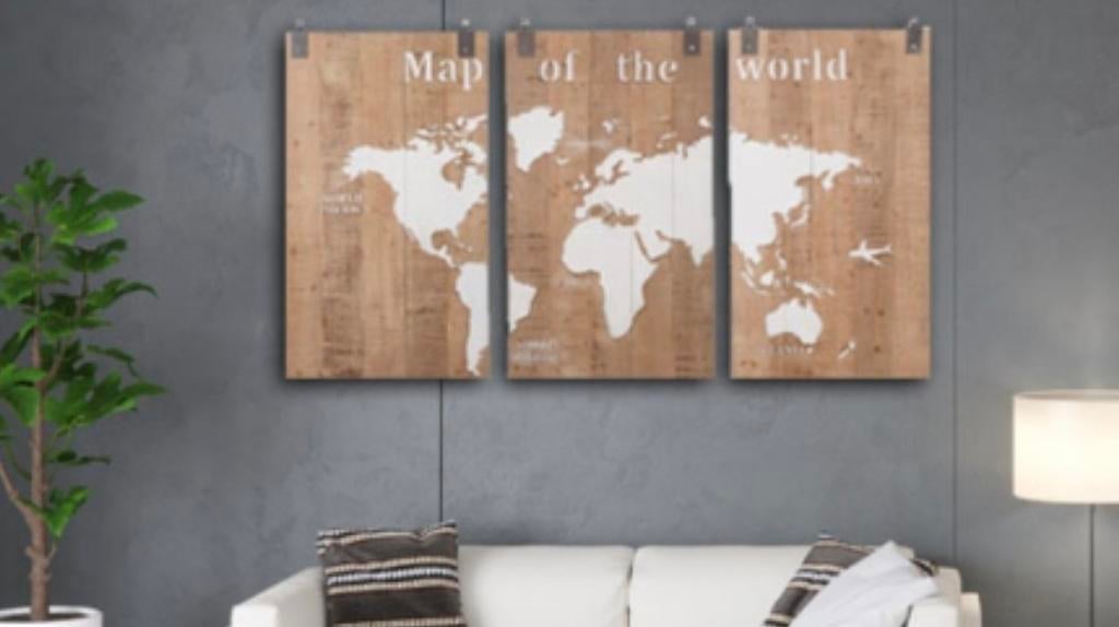 Houten Wereldkaart Drieluik - Rustieke Wanddecoratie, Huis en Inrichting, Woonaccessoires | Wanddecoraties, Ophalen, Zo goed als nieuw
