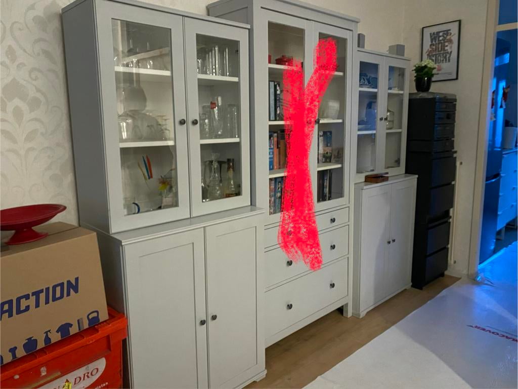 Grijze buffetkast met glazen deuren, Ophalen, Gebruikt, 150 tot 200 cm, 150 tot 200 cm