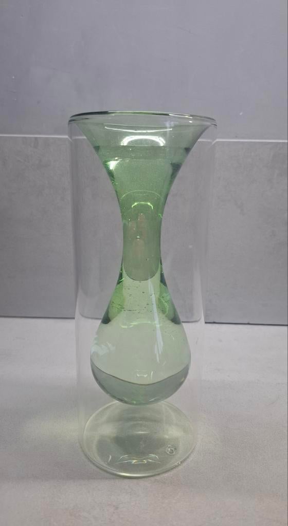 Dubbelwandige glazen vaas, koker met groene kelk, Ophalen of Verzenden