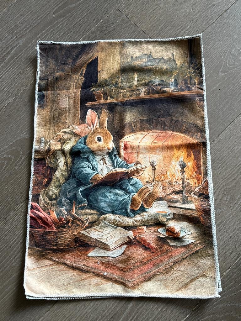 Peter Rabbit leest een boek bij open haard v Beatrix Potter, Huis en Inrichting, Ophalen of Verzenden, Nieuw, Overige kleuren