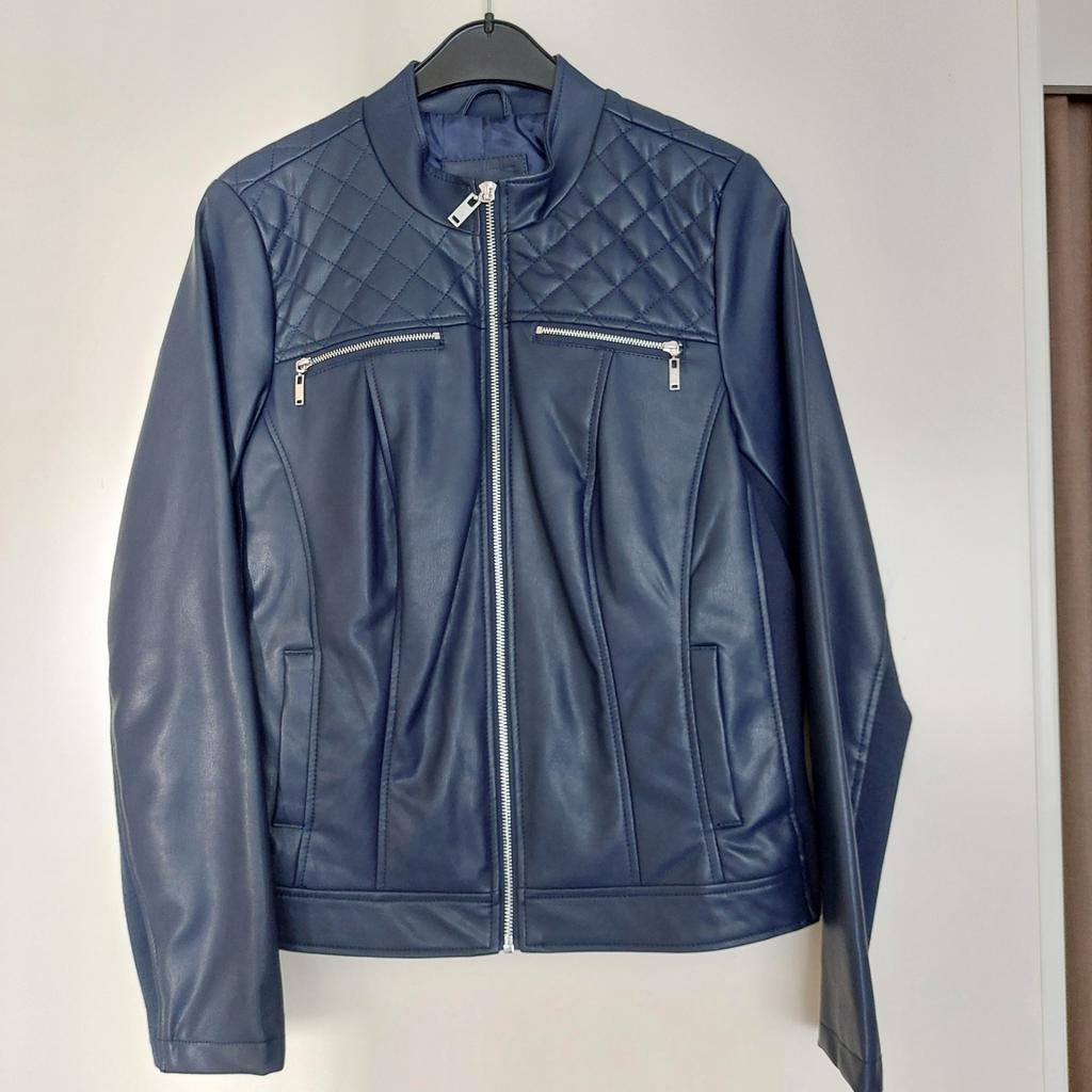 Donkerblauw imitatie leren jasje - L, Blauw, Maat 42/44 (L), Ophalen of Verzenden, Onbekend