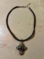 Vintage leren design ketting kruis kettinghanger strass boho, Overige materialen, Zwart, Verstelbaar, Ophalen of Verzenden