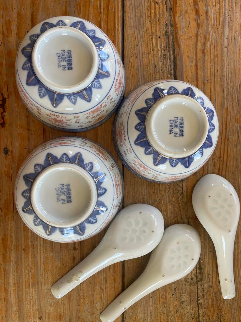 Set van 3 Chinese rijstkommen met lepels, Made in China, Ophalen of Verzenden