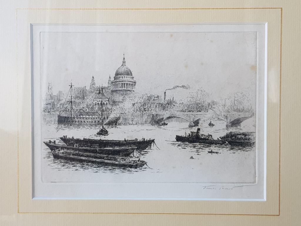 Mooie oude Engelse ingelijste James Grant ets van Londen., Ingelijst, Ets, Ophalen of Verzenden, Landschap