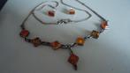 zilver 925 ketting en zilver oorbellen met amber, Bruin, Ophalen of Verzenden, Zo goed als nieuw, Verstelbaar