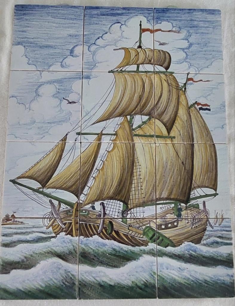 Vintage tegel tableau zeilschip 12 tegels 40x54 cm nautische, Antiek en Kunst, Antiek | Wandborden en Tegels, Ophalen of Verzenden
