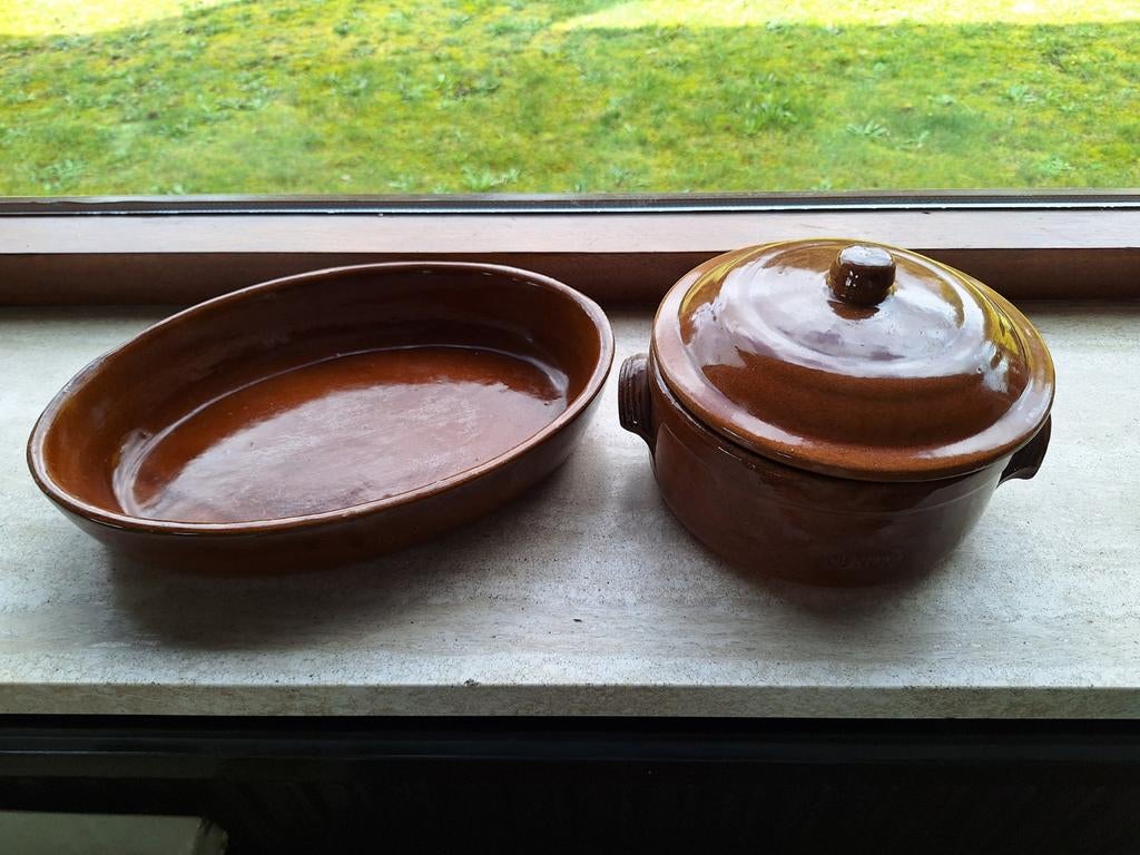 Vintage Unox Aardewerk Ovenschaal en Pot met Deksel, Antiek en Kunst, Ophalen of Verzenden