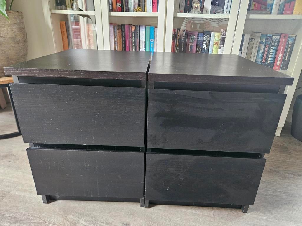 2x IKEA MALM Nachtkastje / Ladekast Zwart, Huis en Inrichting, Minder dan 50 cm, Gebruikt, 1 of 2 laden, Ophalen of Verzenden