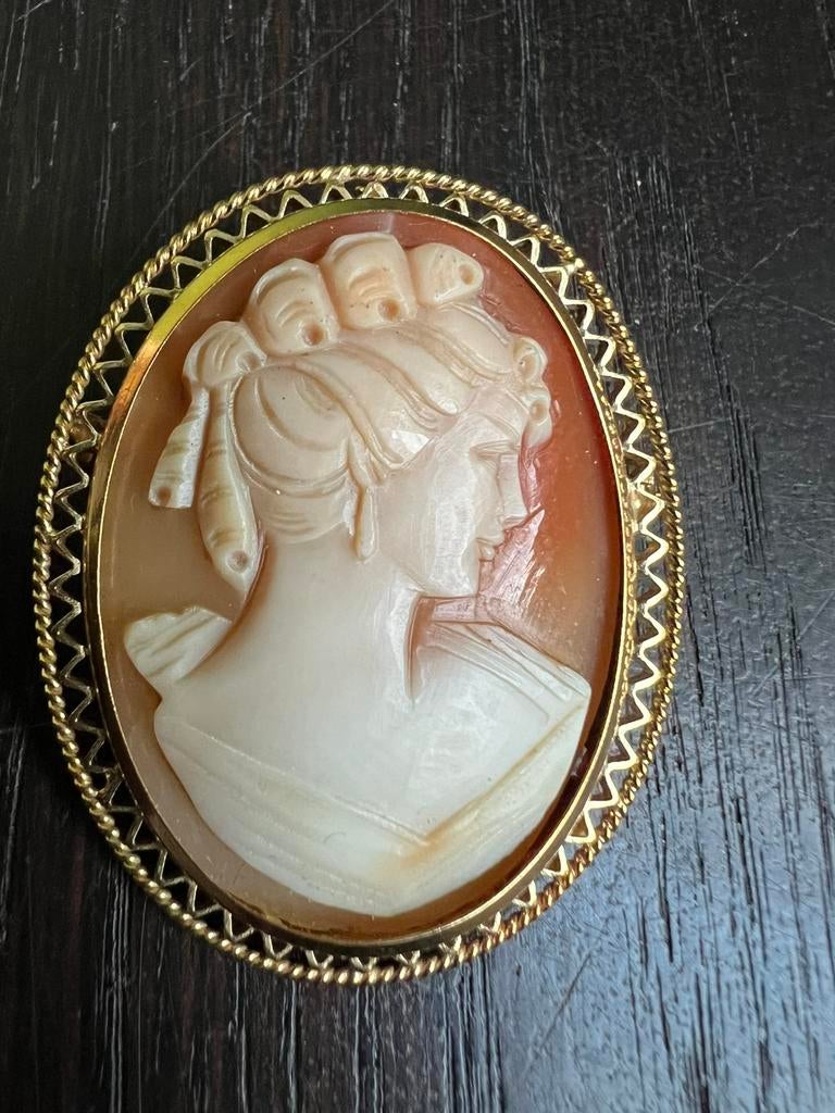 Mooie grote gouden hanger tevens broche met camee, Minder dan 4 cm, Ophalen of Verzenden, Zo goed als nieuw, Goud