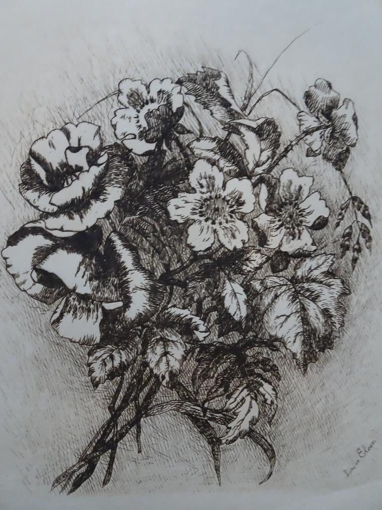 Ets Bloemstilleven klaprozen en anemonen, Louise Elsen 1880, Antiek en Kunst, 1800 - 1899, Flora en Fauna, Origineel, Verzenden