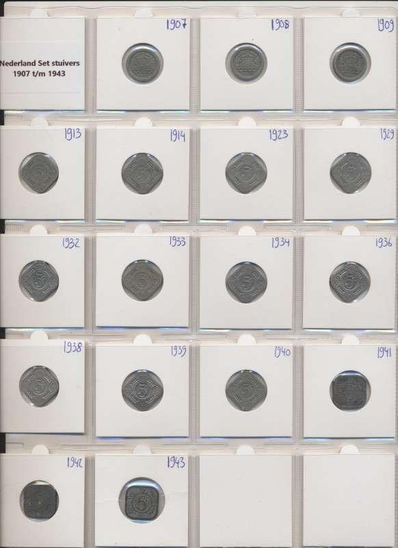 Nederland complete set stuivers 1907 t/m 1943 Wilhelmina, Postzegels en Munten, Munten | Nederland, Setje, 5 cent, Koningin Wilhelmina