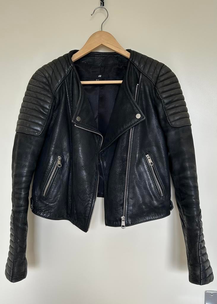 H&M echt leren jas lederen bikerjack zwart maat 36, Kleding | Dames, Ophalen of Verzenden, Zo goed als nieuw, Maat 36 (S), Zwart