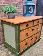 Grote brocante grenen ladenkast boeren antiek vintage groen, Ophalen, 100 tot 150 cm, Brocante antiek, Zo goed als nieuw