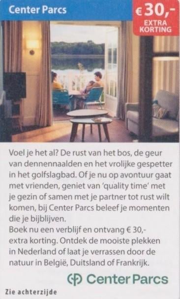 Center Parcs € 30,- extra korting, Drie personen of meer, Kortingsbon, Bungalowpark