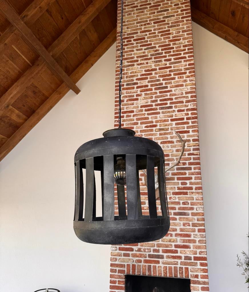 Grote Zwarte Buitenlamp metaal met Bijpassend Windlicht, Ophalen, Gebruikt