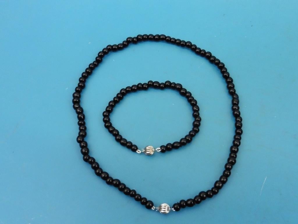 Onix collier en armband met zilveren slot               D139, Gebruikt, ., Zwart, Ophalen of Verzenden