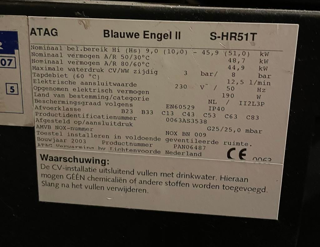 Boiler ATAG Blauwe Engel II S-HR51T GEVRAAGD, 30 tot 80 cm, Gebruikt, Hoog rendement (Hr), Cv-ketel of Combi-ketel
