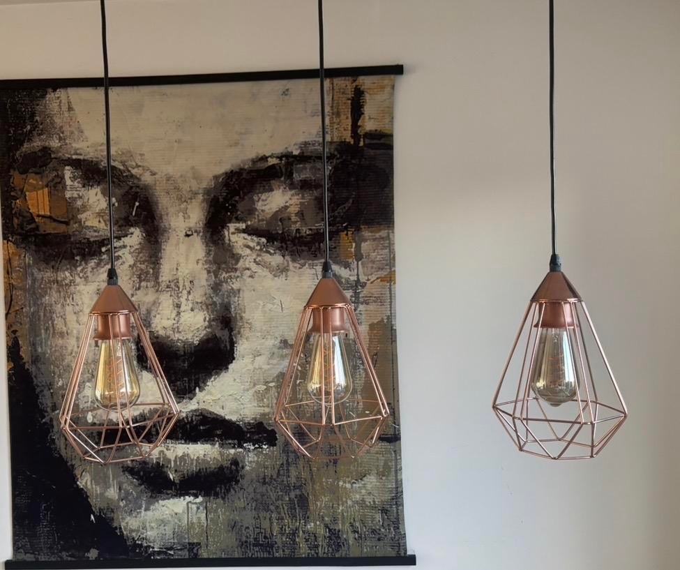 Eglo Tarbes hanglamp met 3 koperkleurige kappen, Huis en Inrichting, Lampen | Hanglampen, Zo goed als nieuw, 75 cm of meer, Metaal