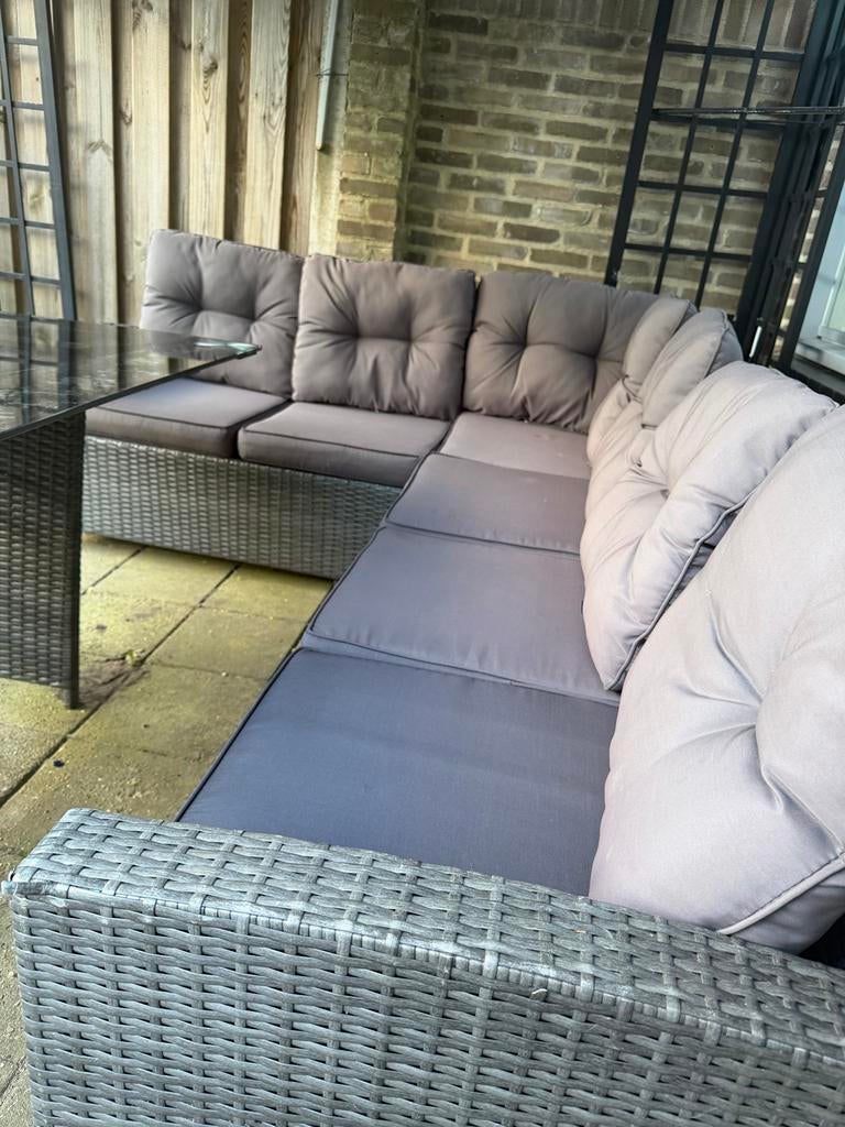 Wicker loungeset met glazen tafel, Tuin en Terras, Gebruikt, Meer dan 8 zitplaatsen, Ophalen of Verzenden, Loungeset