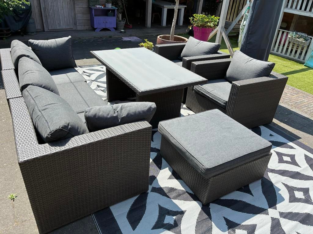 Tuinset met bank, 2 stoelen en tafel met glasplaat, Ophalen, 5 zitplaatsen, Gebruikt, Wicker