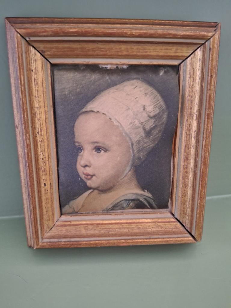 Mini Schilderij kind in Houten Lijst Vintage Decoratie, Antiek en Kunst, Kunst | Schilderijen | Klassiek, Ophalen of Verzenden