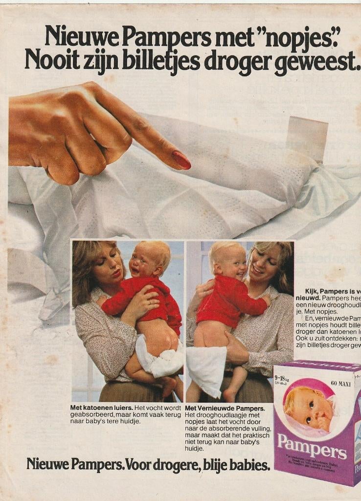 Retro reclame 1982 Pampers baby luiers jongetje verdrietig, Verzenden, Overige typen