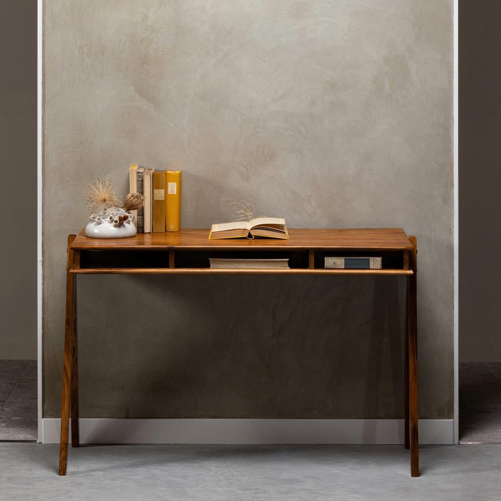 Vintage houten console tafel / bureau met opbergvakken, Huis en Inrichting, Tafels | Eettafels, 50 tot 100 cm, 100 tot 150 cm